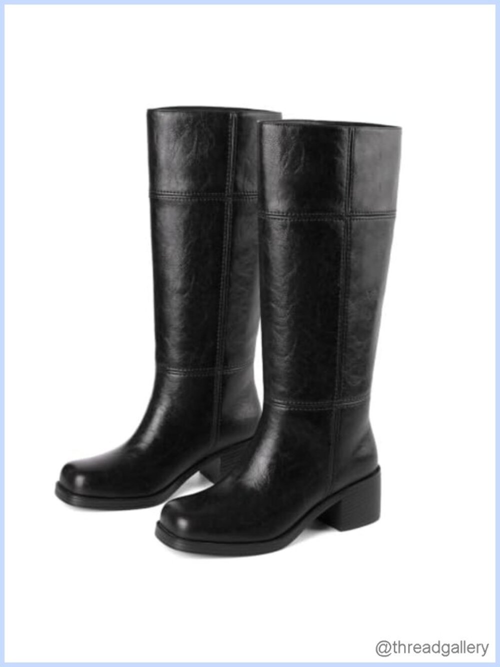 Faux Leather Knee High Boots Square Toe Chunky Block Heel Pull On Western